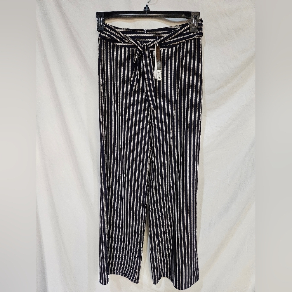 Aqua Women's Blue White Stretch Mid-Rise Casual Striped Pants Small